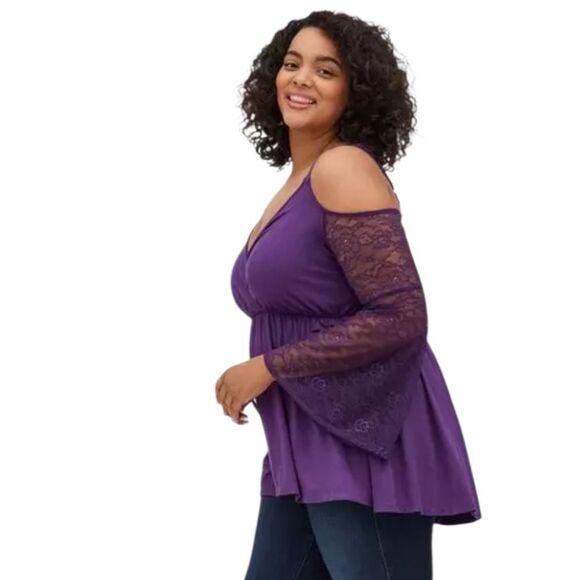 Torrid Babydoll Super Soft Surplice Cold Shoulder Lace Bell Sleeve Top NEW - Picture 9 of 13